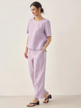 100% Linen Short-Sleeve Round Neck Button Detail Top & Pants Set SASHA