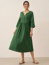 100% Linen Loose Fit Button Waist Gathered Maxi Dress LUNA