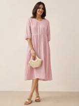 100% Linen A-Line Drawstring Waist Midi Dress DIXIE