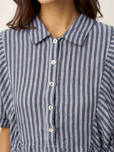 100% Linen Striped Buttoned Front Short Sleeve Midi Shirt Dress CASSANDRA
