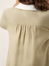 100% Linen Contrast Panel V-neck Layered Lapel Midi Shirt Dress PERSEPHONE