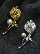 Freshwater Pearl & Alloy Rose Carved Brooch
