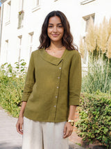 100% Linen Crescent Neck Button Detail 3/4 Sleeve Top ADALYN