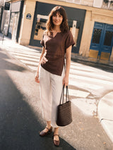 100% Linen Asymmetric Hem Side Gathered Split-Neck Top MINERVA