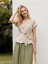 100% Linen Plaid Detachable Tie-Belt Split-Neck Top LEXIE