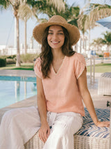 100% Linen Lace-Trim Puff-Sleeve Top NIA