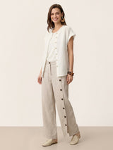 100% Linen Frayed-Trim Drop-Shoulder Top INDIRA