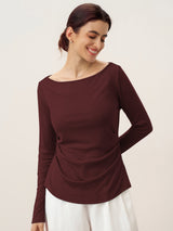 Wool Side Ruched Boat Neck Stretch Top VIVIEN