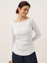 Wool Side Ruched Boat Neck Stretch Top VIVIEN