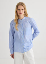 Striped Collarless Shirt - Oxford Blue