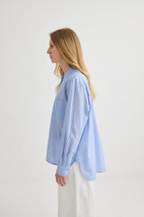 Striped Collarless Shirt - Oxford Blue