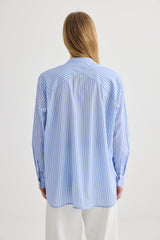 Striped Collarless Shirt - Oxford Blue