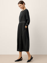 Linen-Lyocell Contrast Trim Gathered Maxi Dress NYX