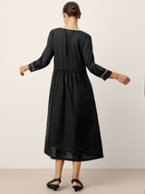 Linen-Lyocell Contrast Trim Gathered Maxi Dress NYX