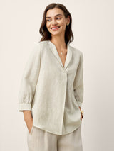 Linen-Lyocell Striped Lapel Inverted Pleat Pullover Top MARGOT