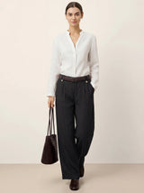 Linen-Lyocell Pleated Wide Leg Trousers with Back Elastic & Button Detail AISLING