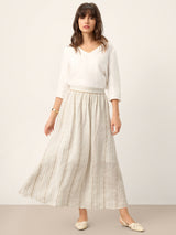 Linen Striped Contrast Trim A-Line Bohemian Skirt with Lining ISMERIE