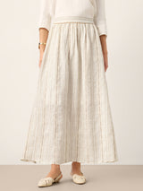 Linen Striped Contrast Trim A-Line Bohemian Skirt with Lining ISMERIE