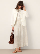 Linen Striped Contrast Trim A-Line Bohemian Skirt with Lining ISMERIE