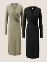 Crossover V-Neck Wrap Stretch Midi Dress MARNIE