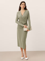 Crossover V-Neck Wrap Stretch Midi Dress MARNIE