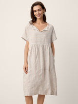 Linen Gathered-Hem Split-Neck Midi Dress SYDNEY