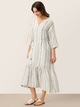 Linen Tribal Stripe Split Neck Bohemian Ruffle Maxi Dress with Woven Belt and Slip MARLOWE