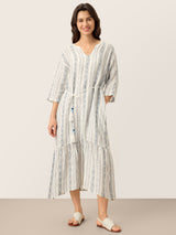 Linen Tribal Stripe Split Neck Bohemian Ruffle Maxi Dress with Woven Belt and Slip MARLOWE