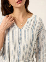 Linen Tribal Stripe Split Neck Bohemian Ruffle Maxi Dress with Woven Belt and Slip MARLOWE