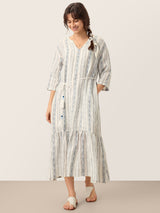 Linen Tribal Stripe Split Neck Bohemian Ruffle Maxi Dress with Woven Belt and Slip MARLOWE