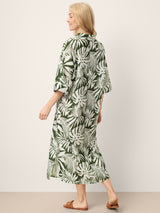 Linen Palm Print Camp Collar Relaxed Maxi Shirt Dress MINERVA
