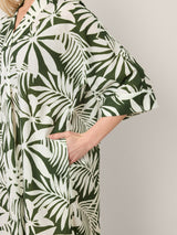 Linen Palm Print Camp Collar Relaxed Maxi Shirt Dress MINERVA