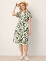 Linen Palm Print Drawstring Waist Cuffed Sleeve Midi Shirt Dress AURELIA