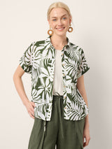 Linen Palm Print Drawstring Waist Cuffed Sleeve Shirt HILDEGARD