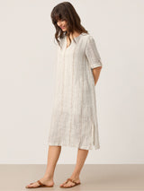 Linen Striped Notch Neck Tab-Cuff Bohemian Midi Dress ALTHEA