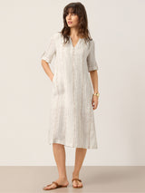Linen Striped Notch Neck Tab-Cuff Bohemian Midi Dress ALTHEA