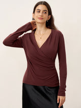 Wool Lyocell Asymmetric Ruched Overlap V-Neck Top TILLY