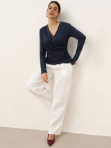 Wool Lyocell Asymmetric Ruched Overlap V-Neck Top TILLY