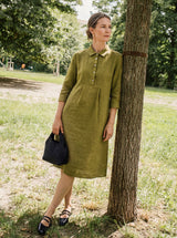 100% Linen Tailored Lapel 3/4 Sleeve Midi Shirt Dress MERCEDES