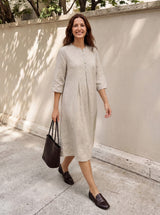 100% Linen Ruffle Trim Inverted Pleat Midi Dress LAVINIA