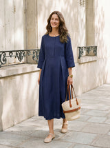 100% Linen Inverted Pleat Waist Button Midi Dress IMARA