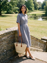 100% Linen Striped Buttoned Front Short Sleeve Midi Shirt Dress CASSANDRA