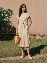 100% Linen Lace-Inset Bubble-Hem Midi Dress LORITA