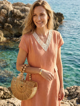 100% Linen Lace-Trim V-Neck Tailored-Waist Midi Dress ELENI