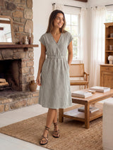 100% Linen Striped Elastic-Waist Midi Dress ARIA