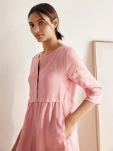 100% Linen Loose Fit Button Waist Gathered Maxi Dress LUNA