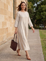 100% Linen Bateau Neck Pleated Maxi Dress ABIGAIL