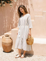 Linen Tribal Stripe Split Neck Bohemian Ruffle Maxi Dress with Woven Belt and Slip MARLOWE