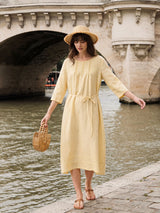 100% Linen Pintucked Embroidered Adjustable Belt Tiered Maxi Dres VERENA