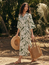 Linen Palm Print Camp Collar Relaxed Maxi Shirt Dress MINERVA